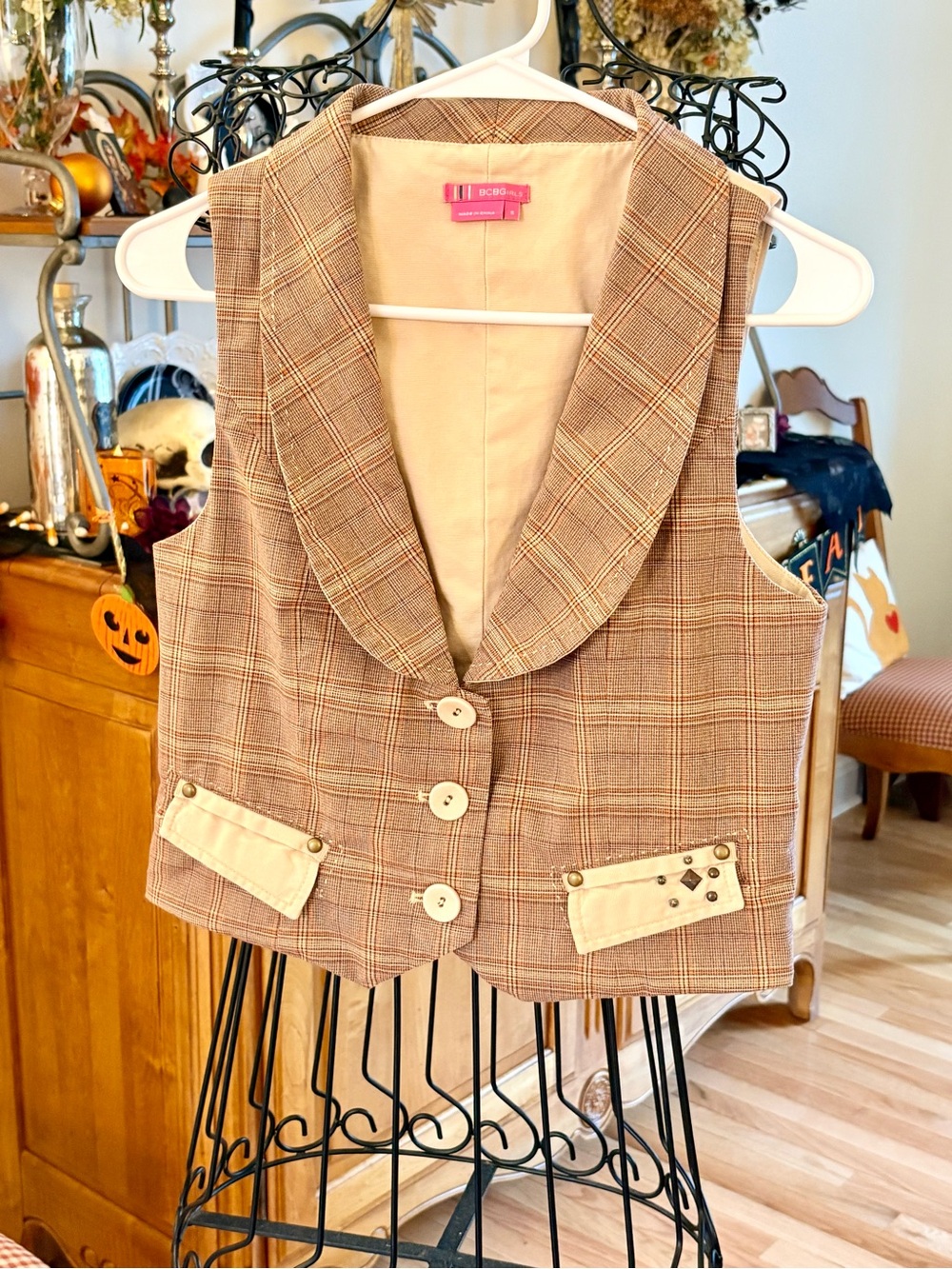 BCBGirls or Women Plaid Tailored Vest in Taupe and Cream